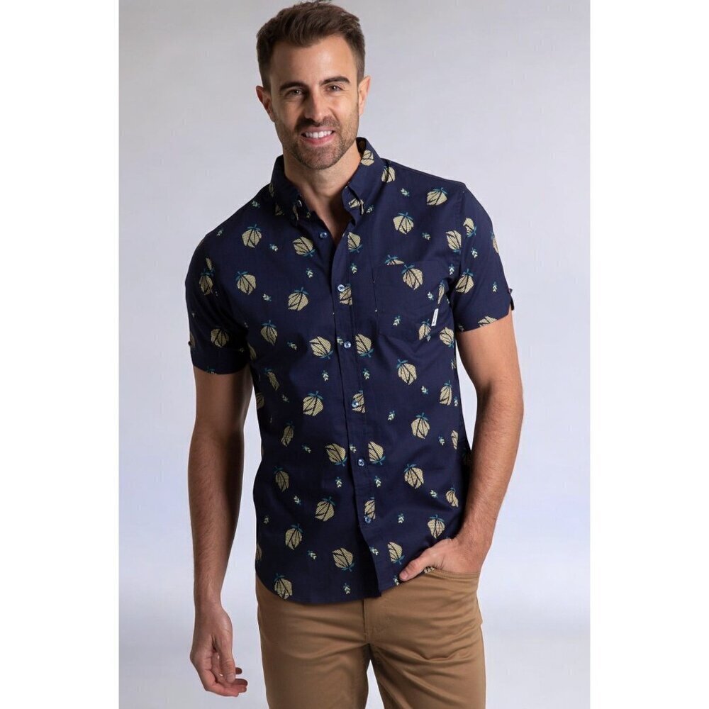 Ben Sherman Short Sleeve Button up Navy Digi Floral Leaf Print Shirt NEW Small